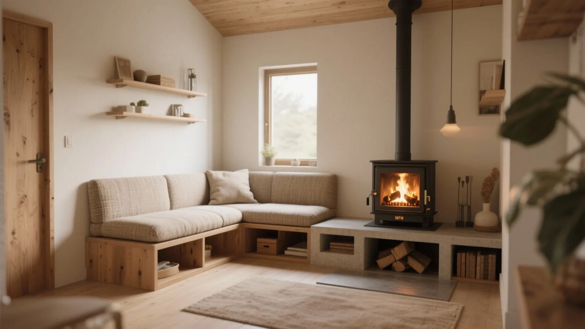 Cozy living room corner featuring a built-in sofa bench and black fireplace with burning wood