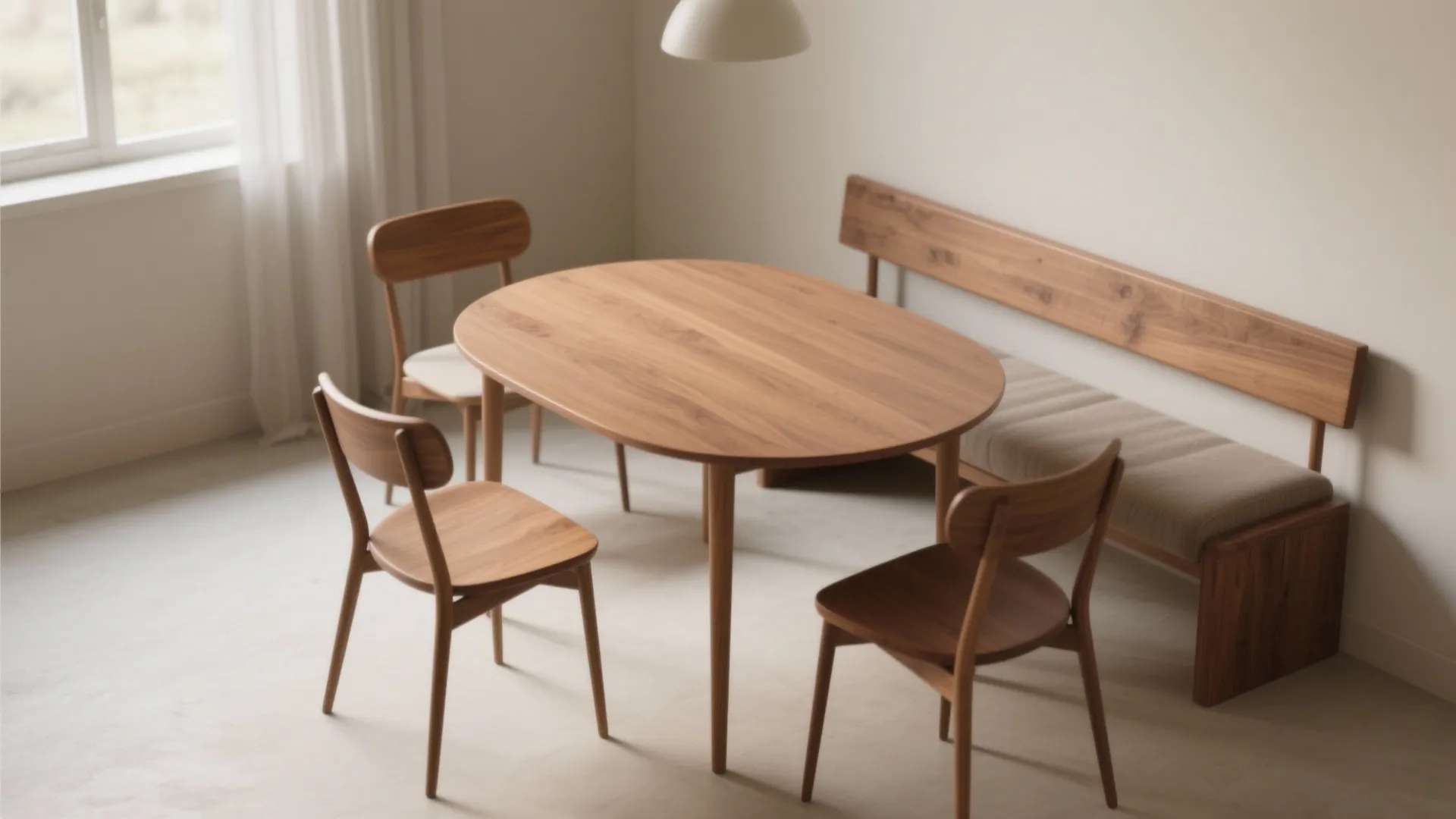 Oval wooden dining table with three chairs and a long bench in a bright room