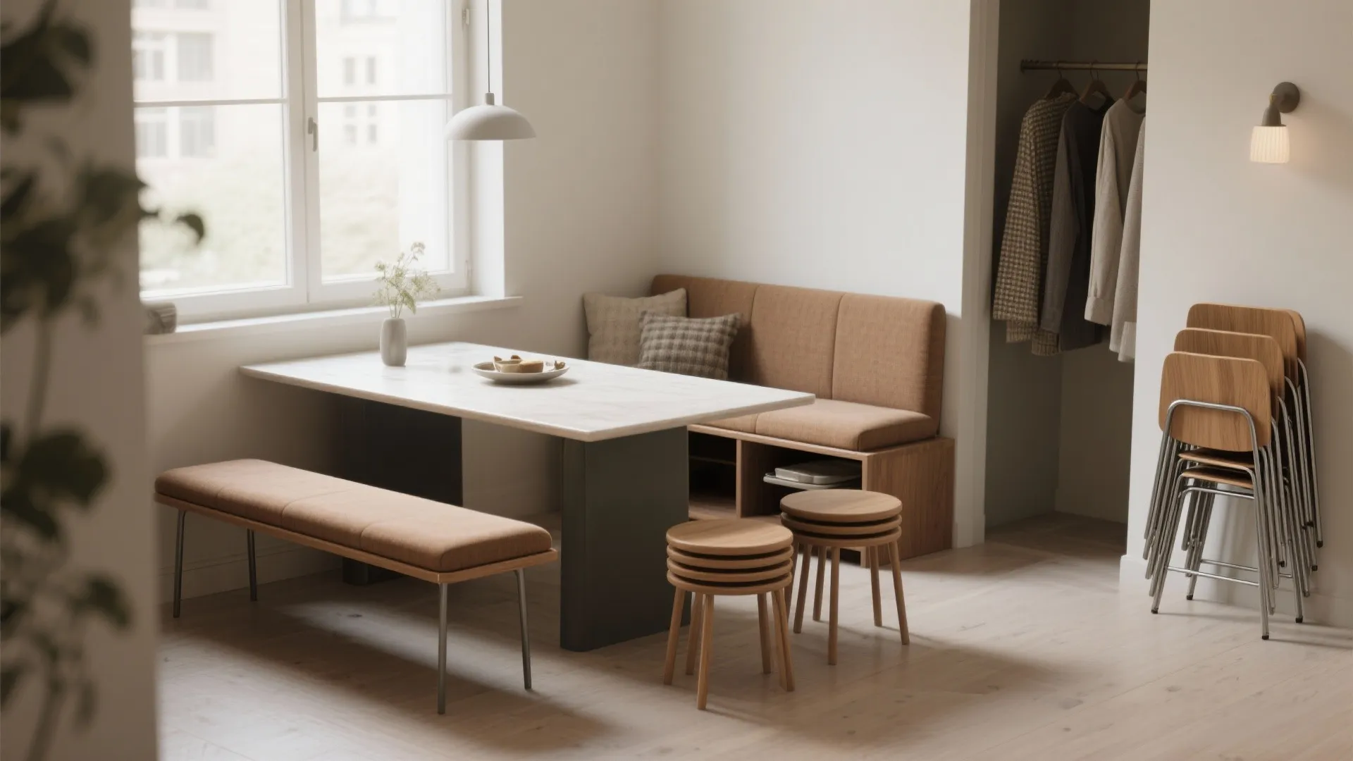 Small dining setup with a bench and nesting stools neatly stored to maximize space.