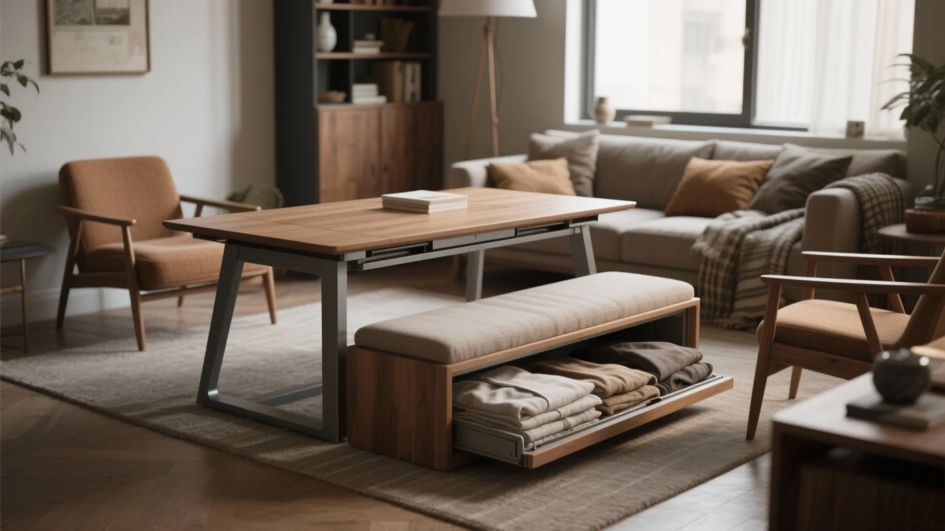 Modern living room with wooden table and bench featuring storage drawer for blankets and clothes