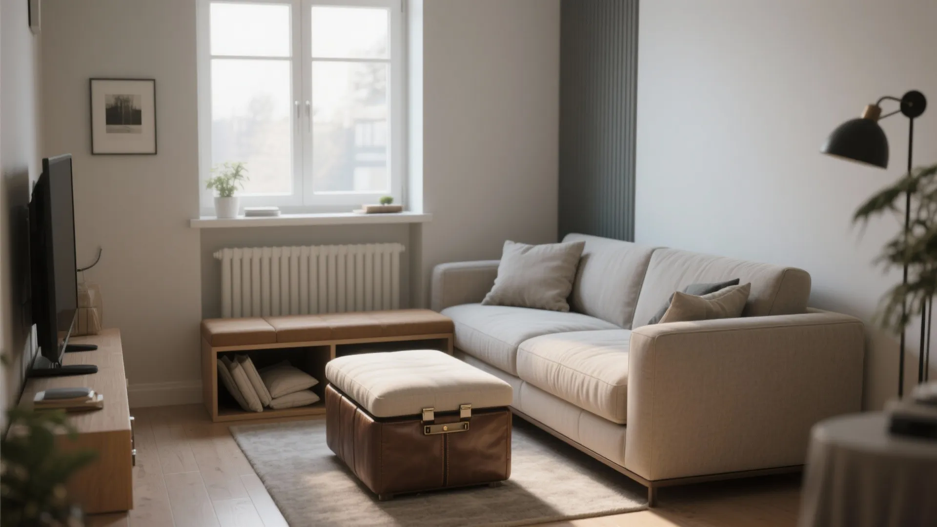 Living room with beige sofa, brown leather footrest, wooden storage bench, and black floor lamp