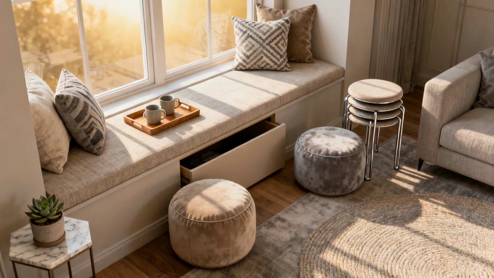 5. Flexible seating: benches and poufs for multipurpose use