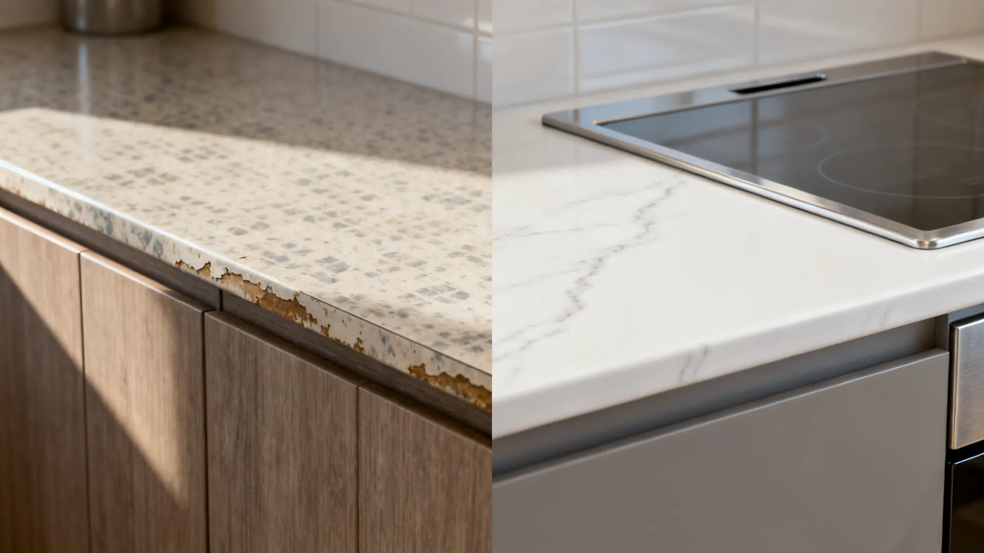 Before-and-after of small kitchen benchtop upgraded from laminate to porcelain with stainless zone.