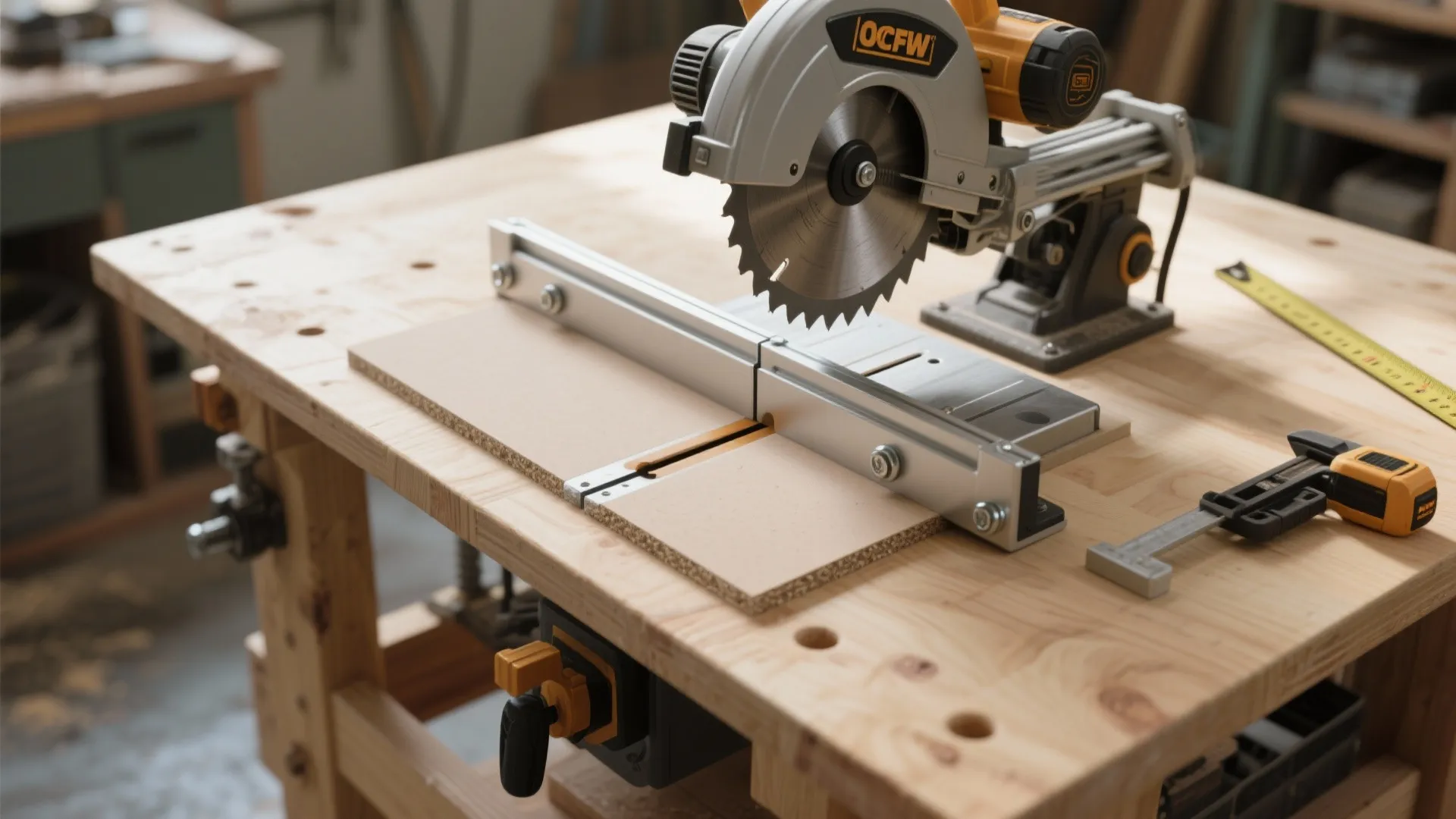 Circular saw machine cutting wood on a wooden workbench with measuring tape and small hand tools
