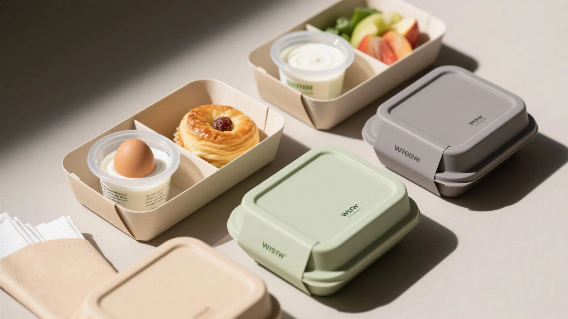 Healthy food containers with boiled egg pastry yogurt and fresh fruit on a neutral table