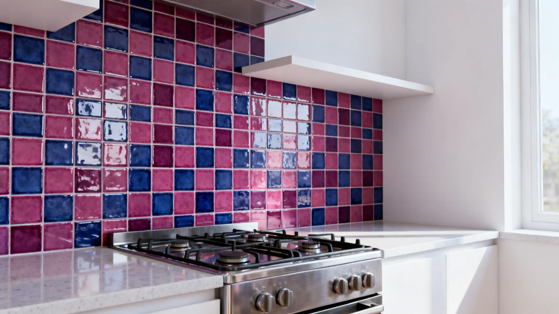Raspberry and blueberry porcelain checkerboard backsplash behind a stainless range.