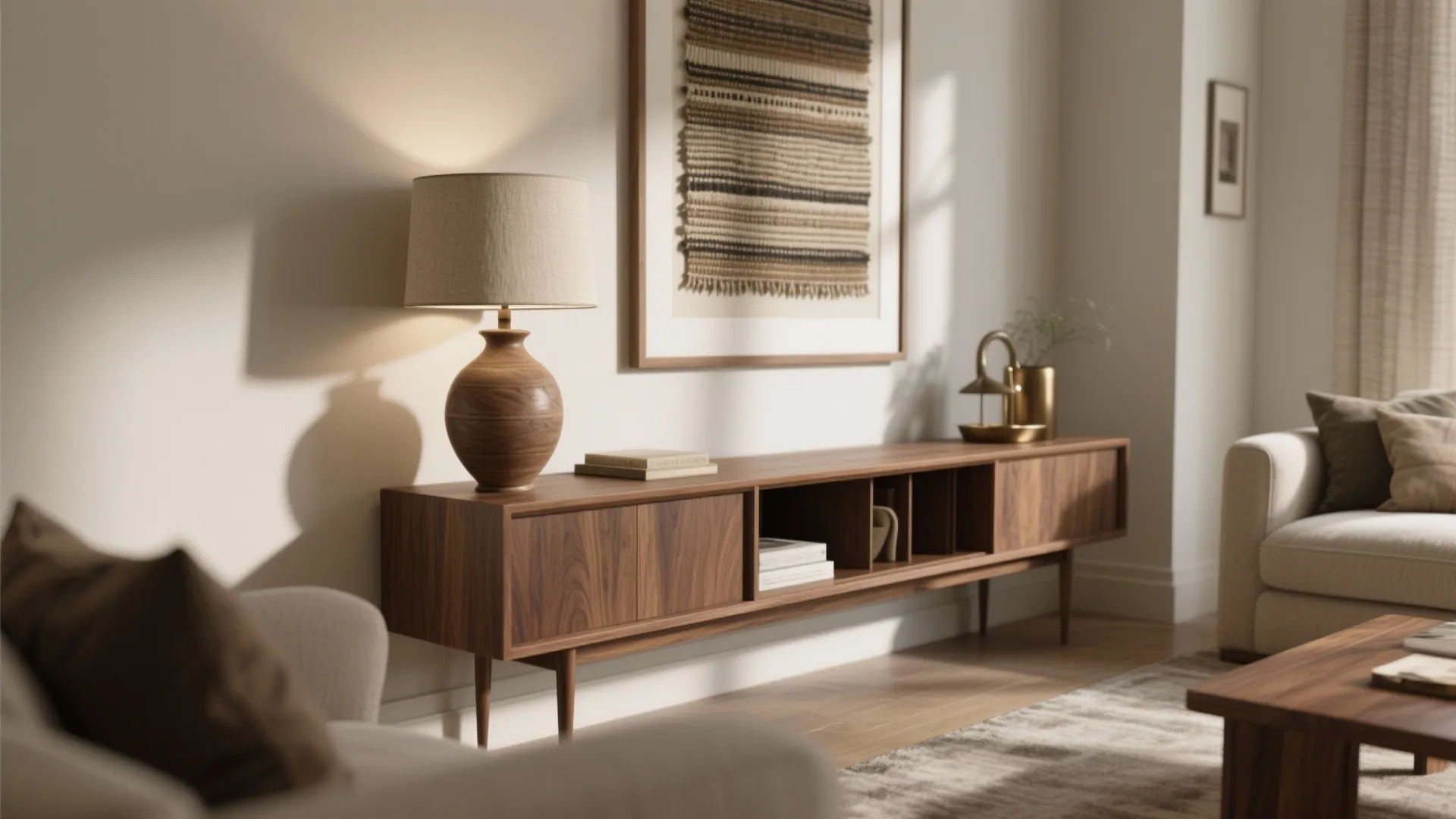 Custom narrow console with artisan lamp and framed textile creates a personal, artful vignette.