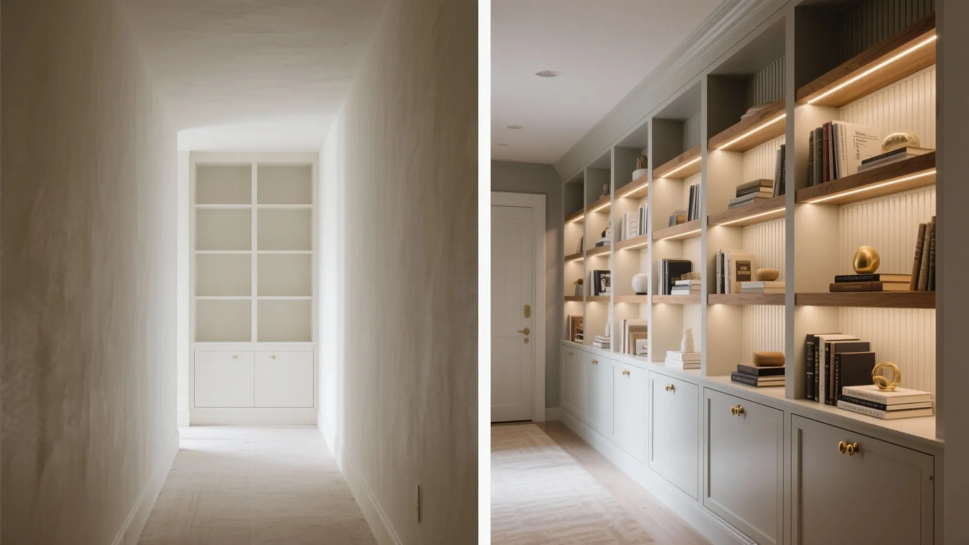 Before and after comparison of an empty white hallway and a finished custom storage cabinet wall