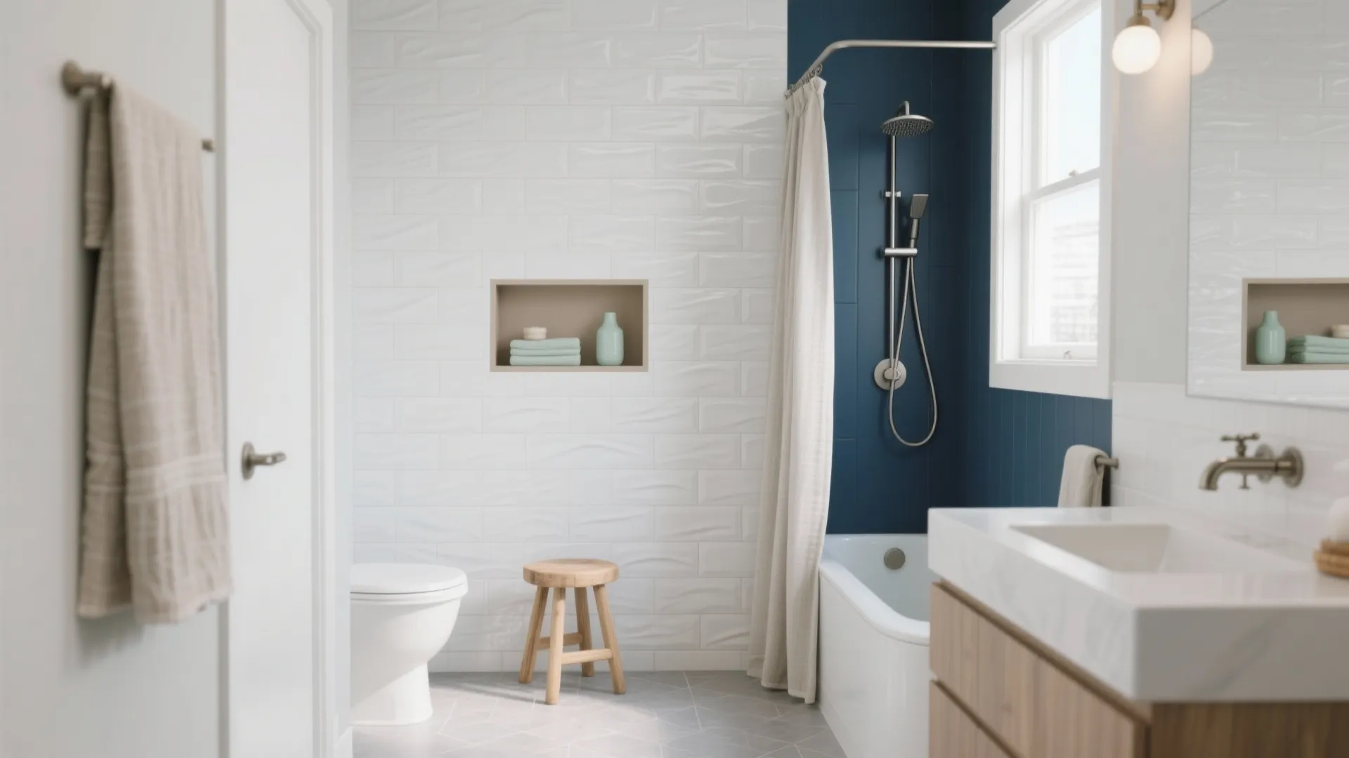 Bright bathroom with white brick wall tiles navy accent wall wooden stool and white bathtub area