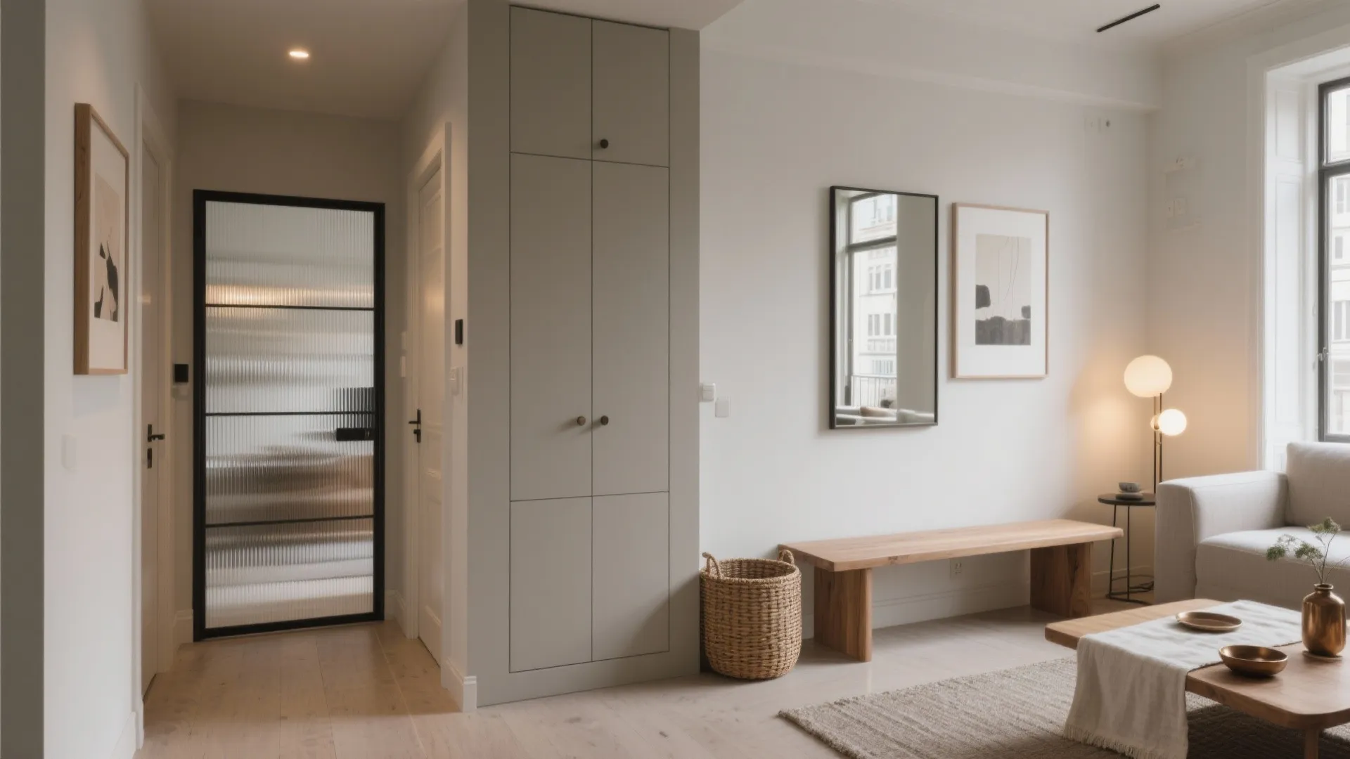 Modern apartment entrance area with grey cabinet wooden bench mirror wall art and soft floor light