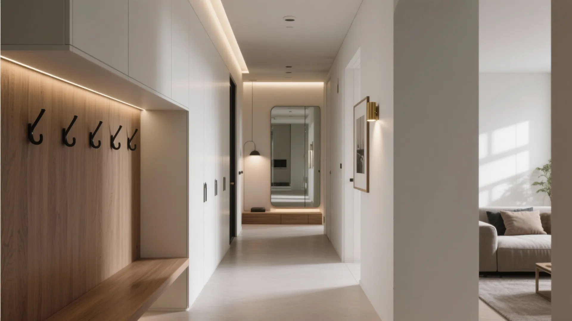 Bright entry hallway with white cabinets, wooden wall panel, black hooks, and large floor mirror