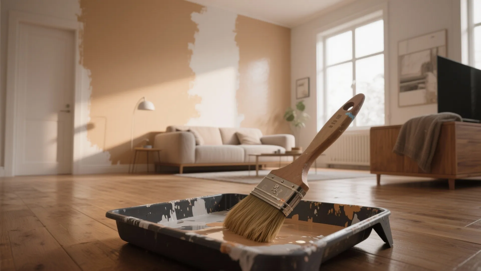 A paint brush resting on a tray of tan paint in a living room floor