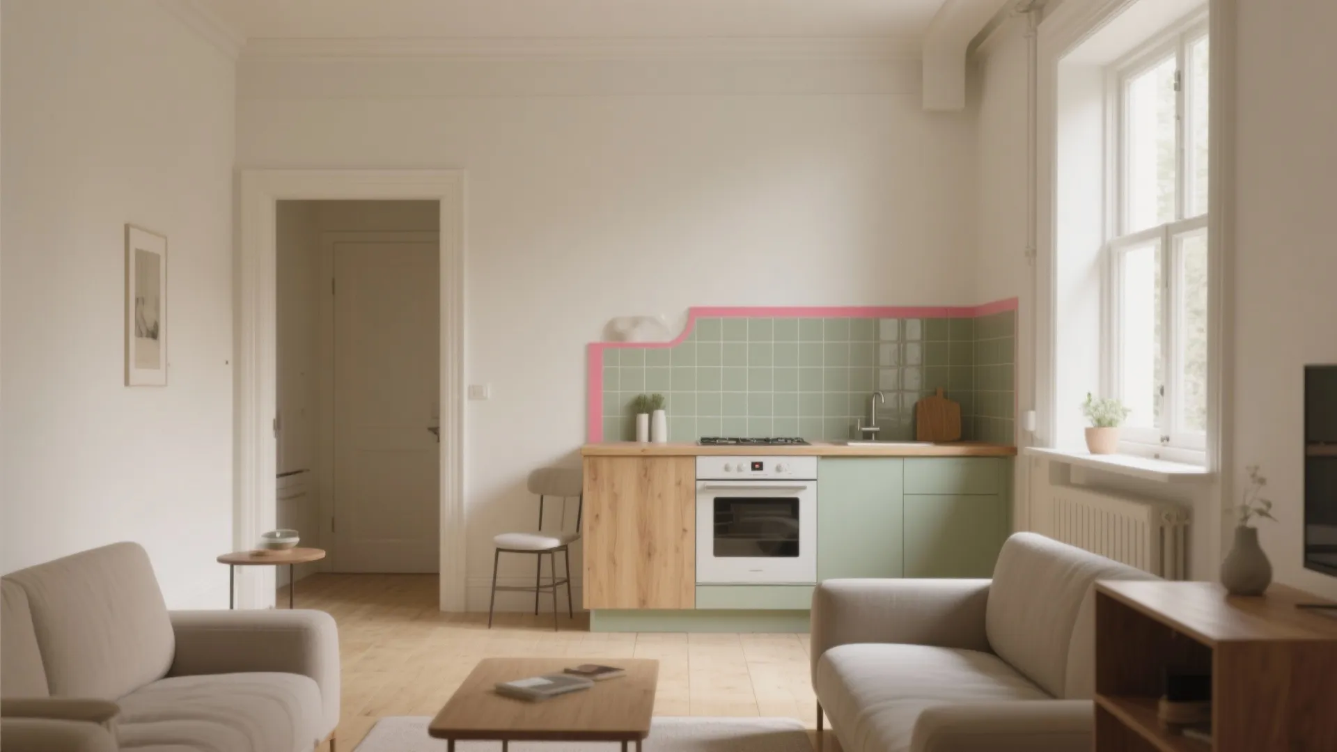 Modern apartment interior with small kitchen area grey sofa coffee table and light green tiles