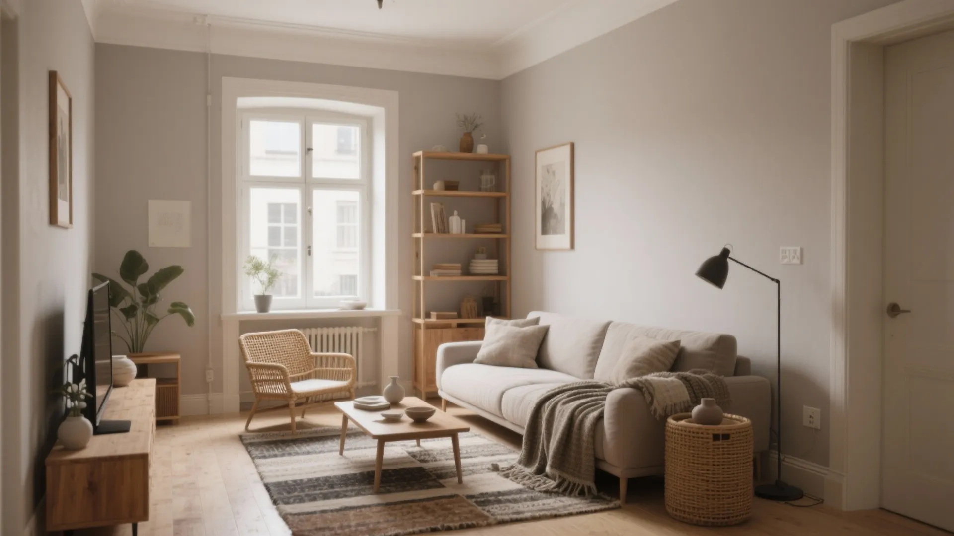 Modern living room with beige sofa wooden coffee table woven chair tall bookshelf and floor lamp