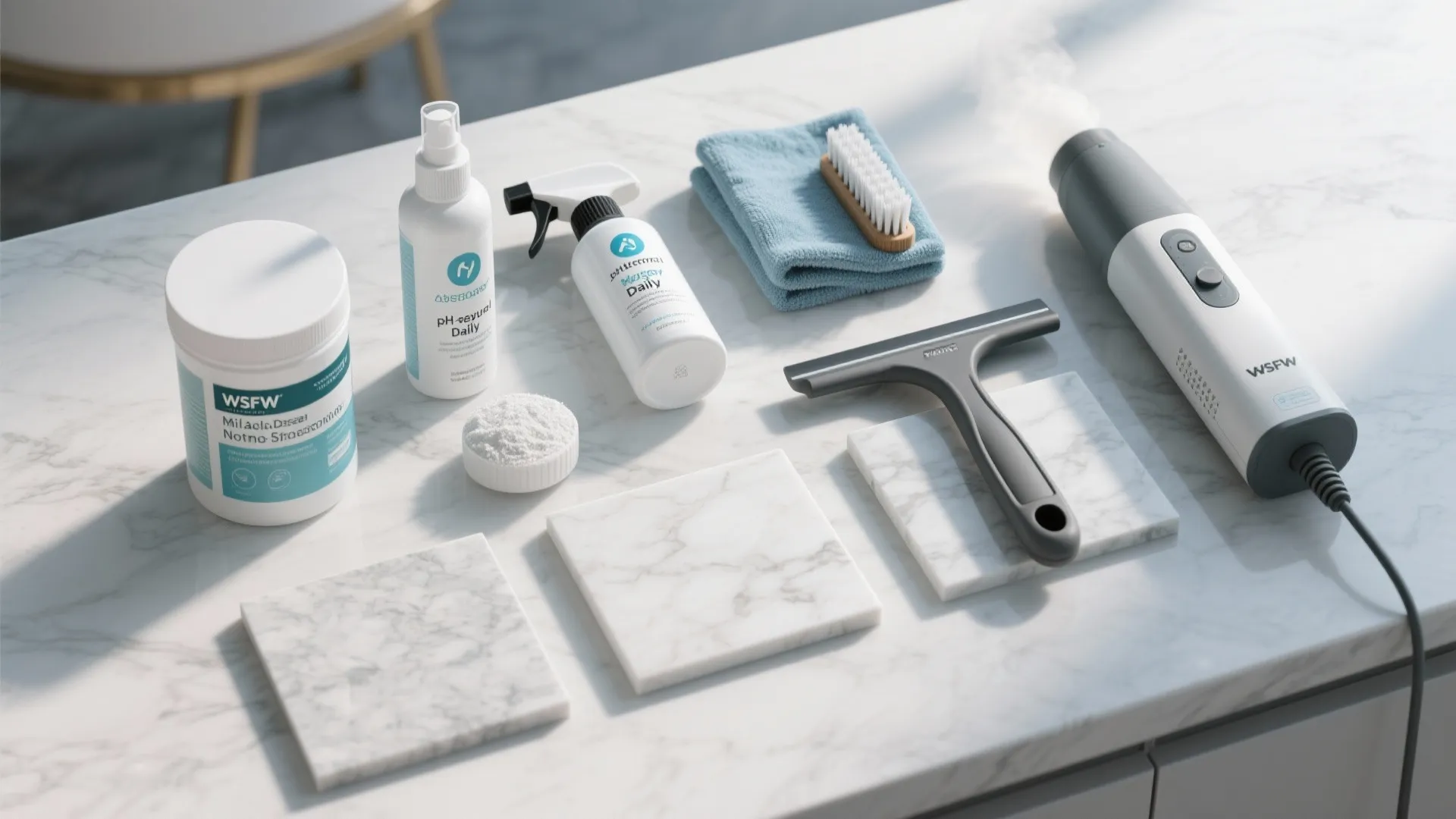 Tile cleaning kit with spray bottles scrub brush squeegee and marble samples on a counter