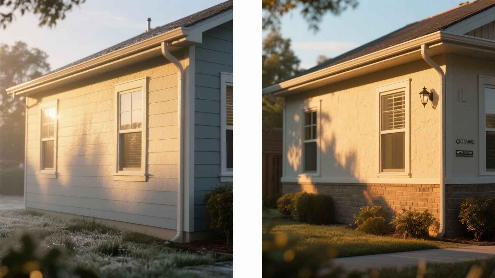 Before and after comparison of house exterior wall paint color under bright and natural sunlight