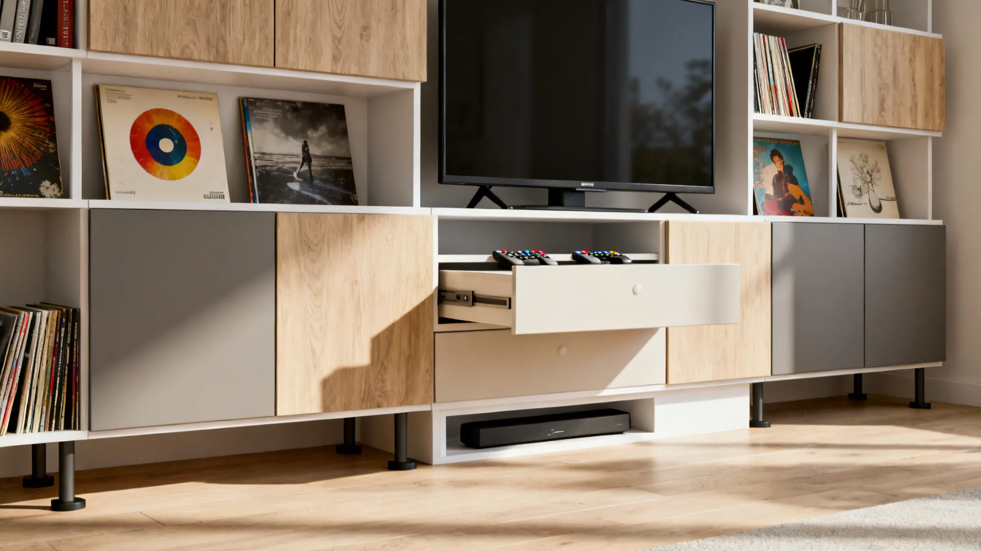 Besta media wall with mixed cabinets, open shelves and raised TV nook