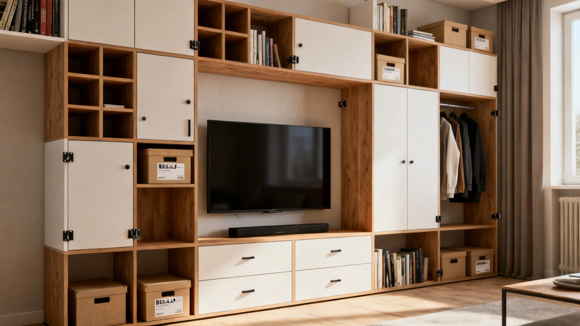 Multifunctional wall of mixed Besta/GALANT units serving as media, shelves and wardrobe