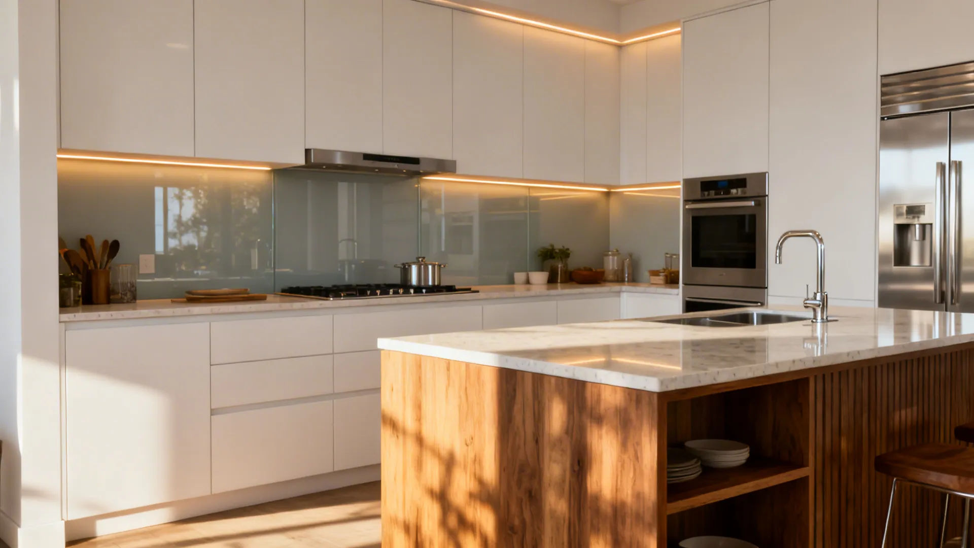 Finished compact Bethesda kitchen with L-shape, slab cabinets, glass backsplash, and warm lighting.