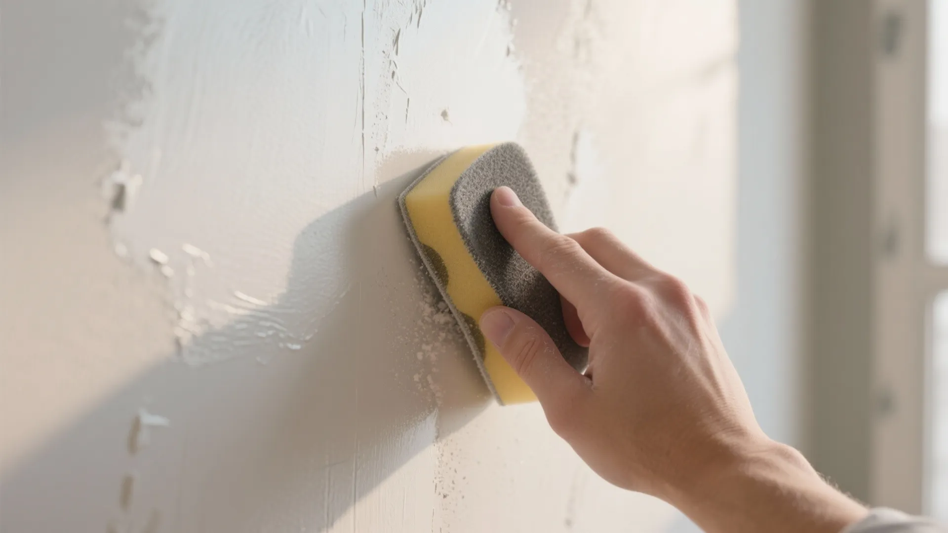 Person sanding a white wall with a yellow and grey sponge to smooth the surface