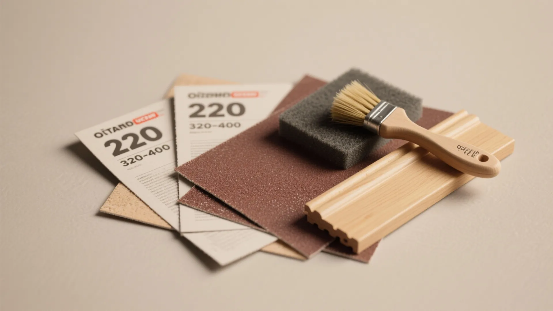 Sandpaper sheets with sanding sponge and small wooden brush next to a piece of wood