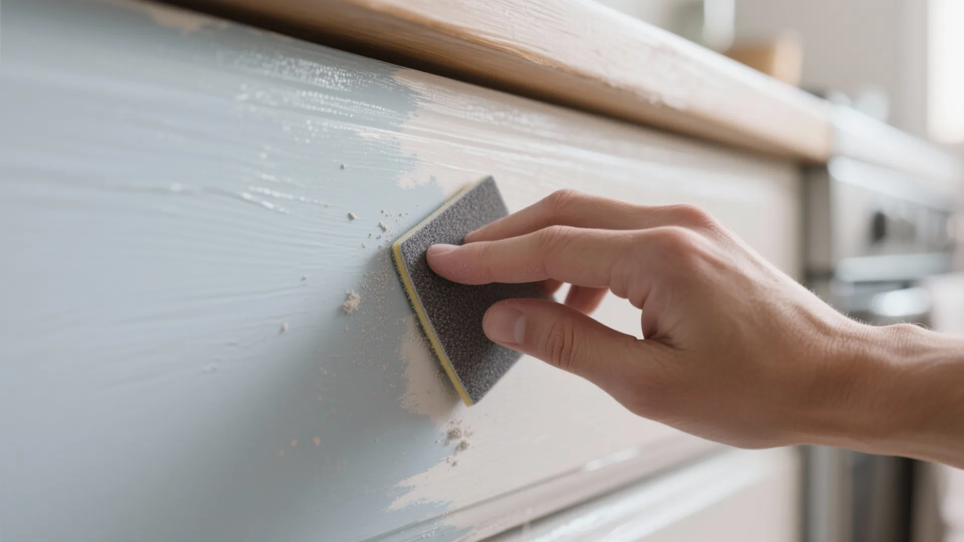 Hand using a sanding block to smooth a light blue painted wooden cabinet surface for painting