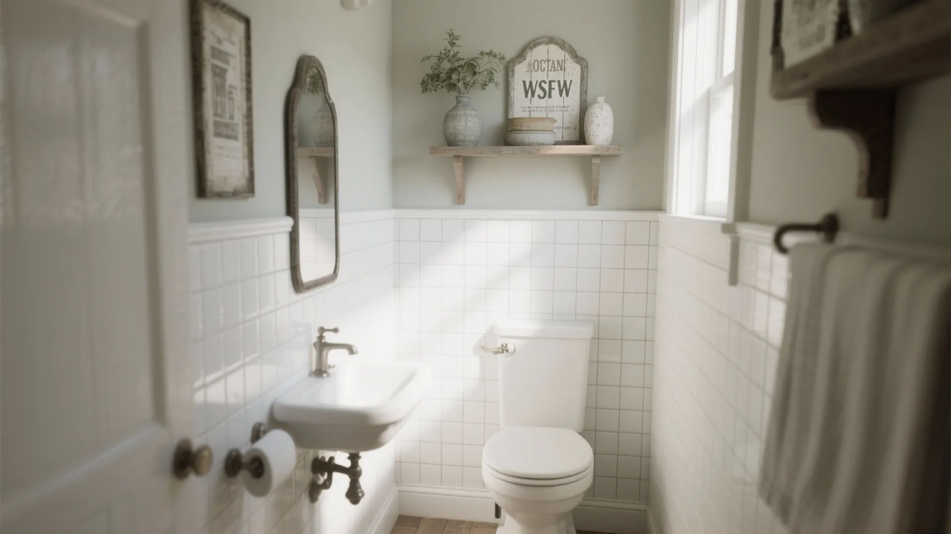 Small bright bathroom with white square tiles sink toilet wall mirror and wooden storage shelf