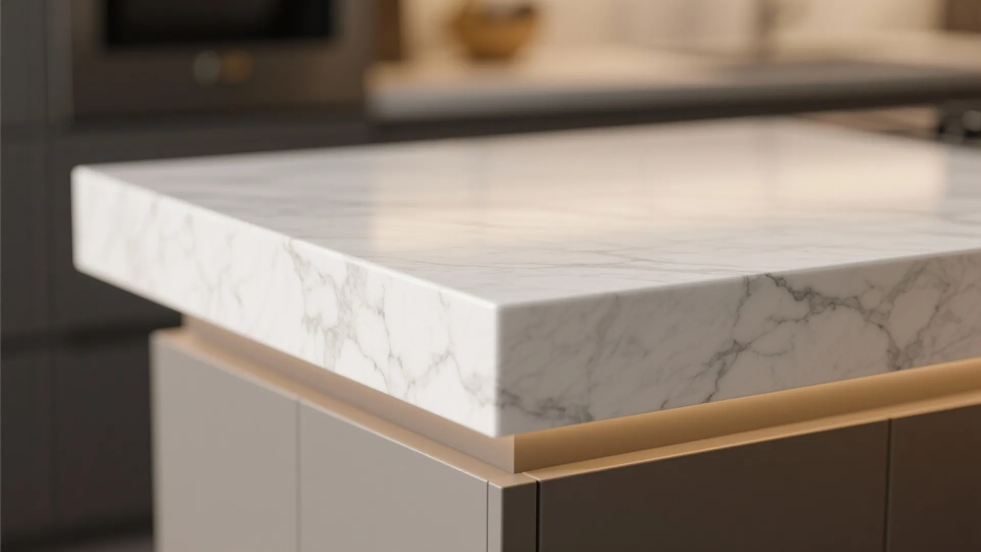 Close up of white marble kitchen island countertop with clean edges and warm under cabinet lighting