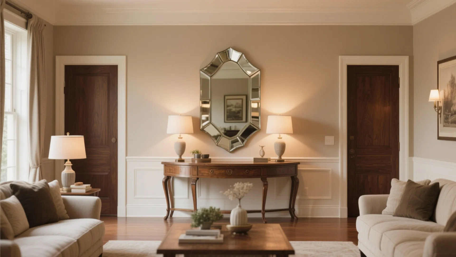 Classic beveled edge mirror above console in transitional living room.