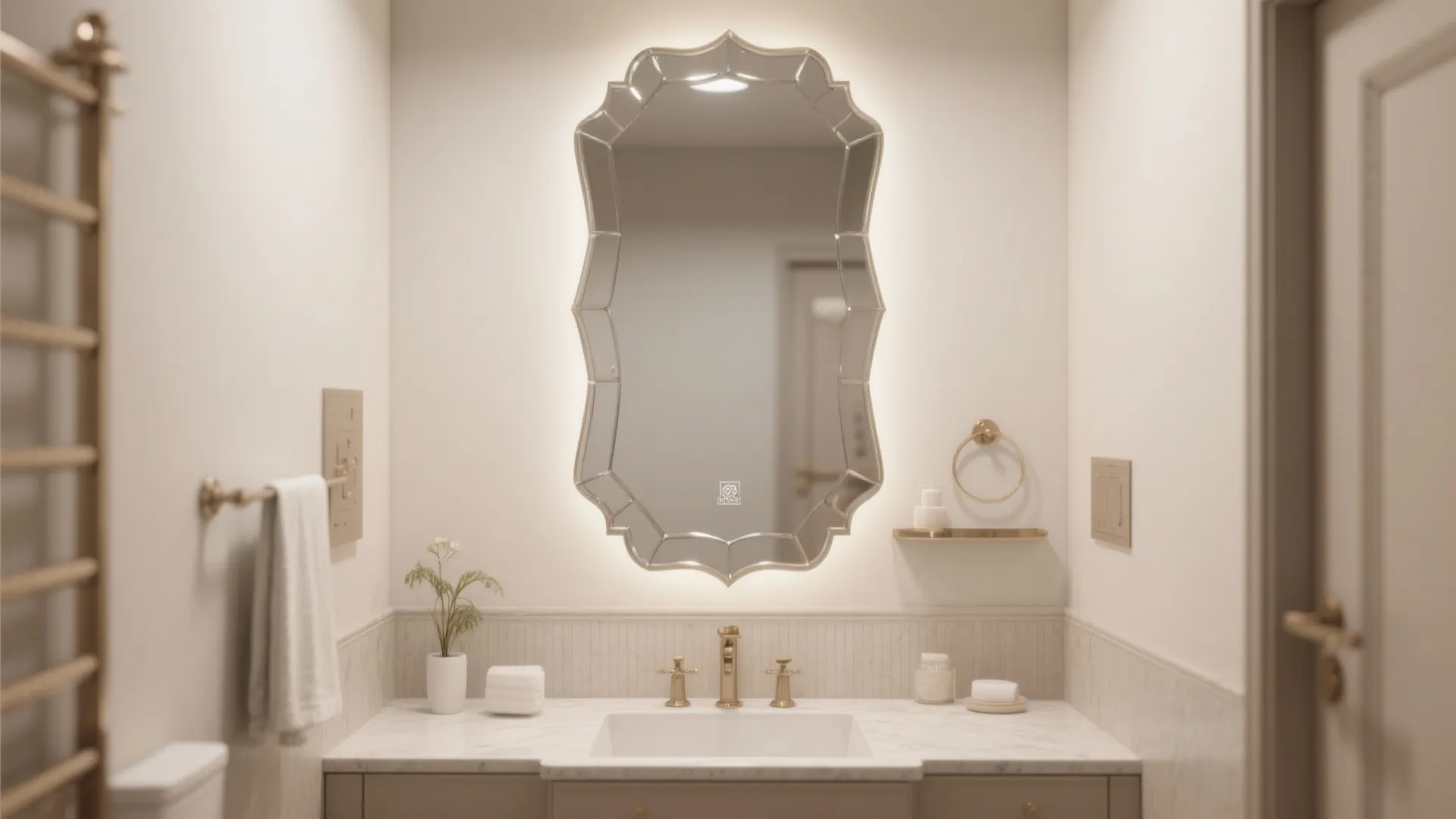 Elegant bathroom with shaped backlit mirror over marble vanity gold faucet and white tiled wall sections