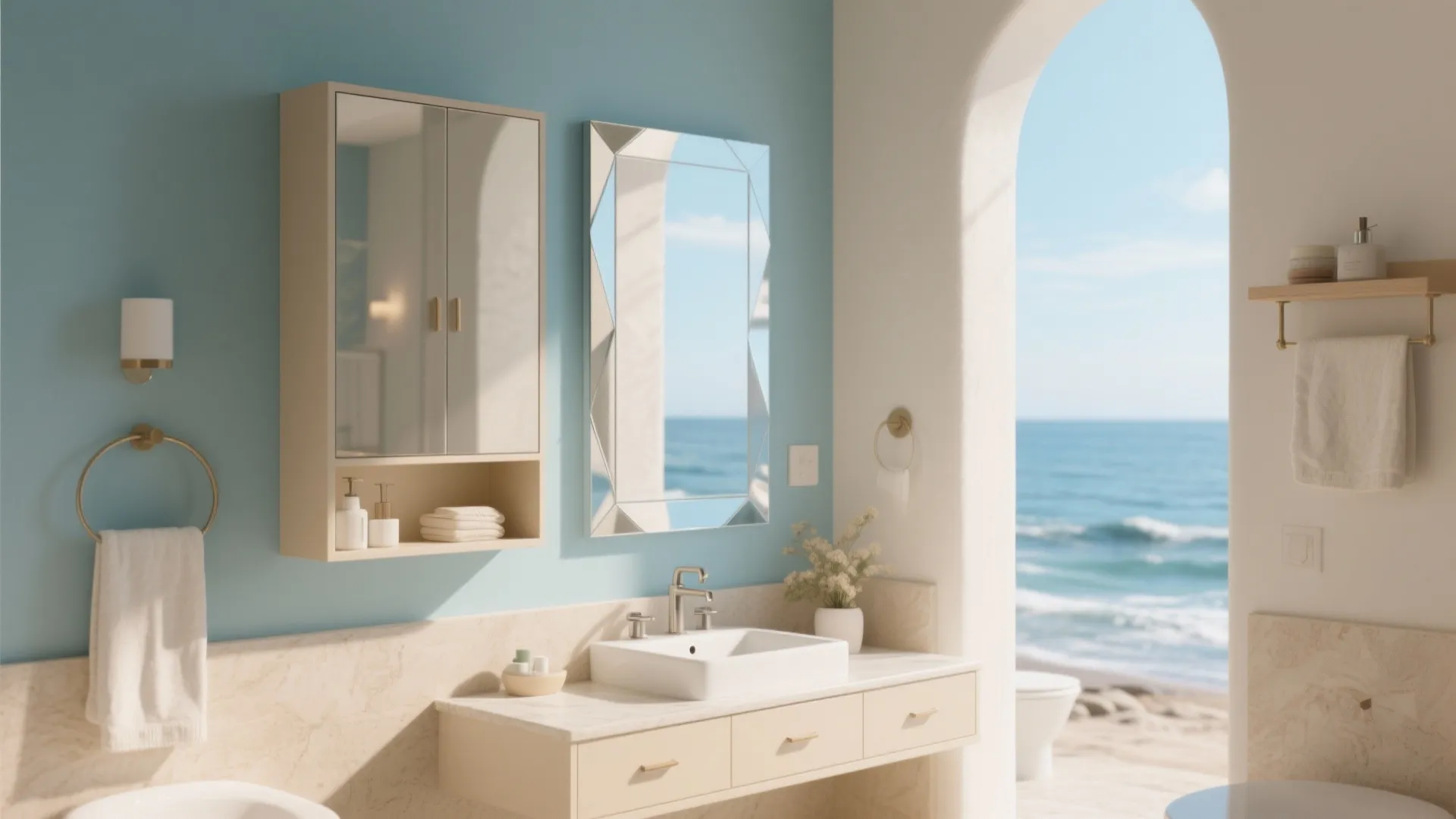 Mirrored cabinet with beveled edges in coastal bathroom