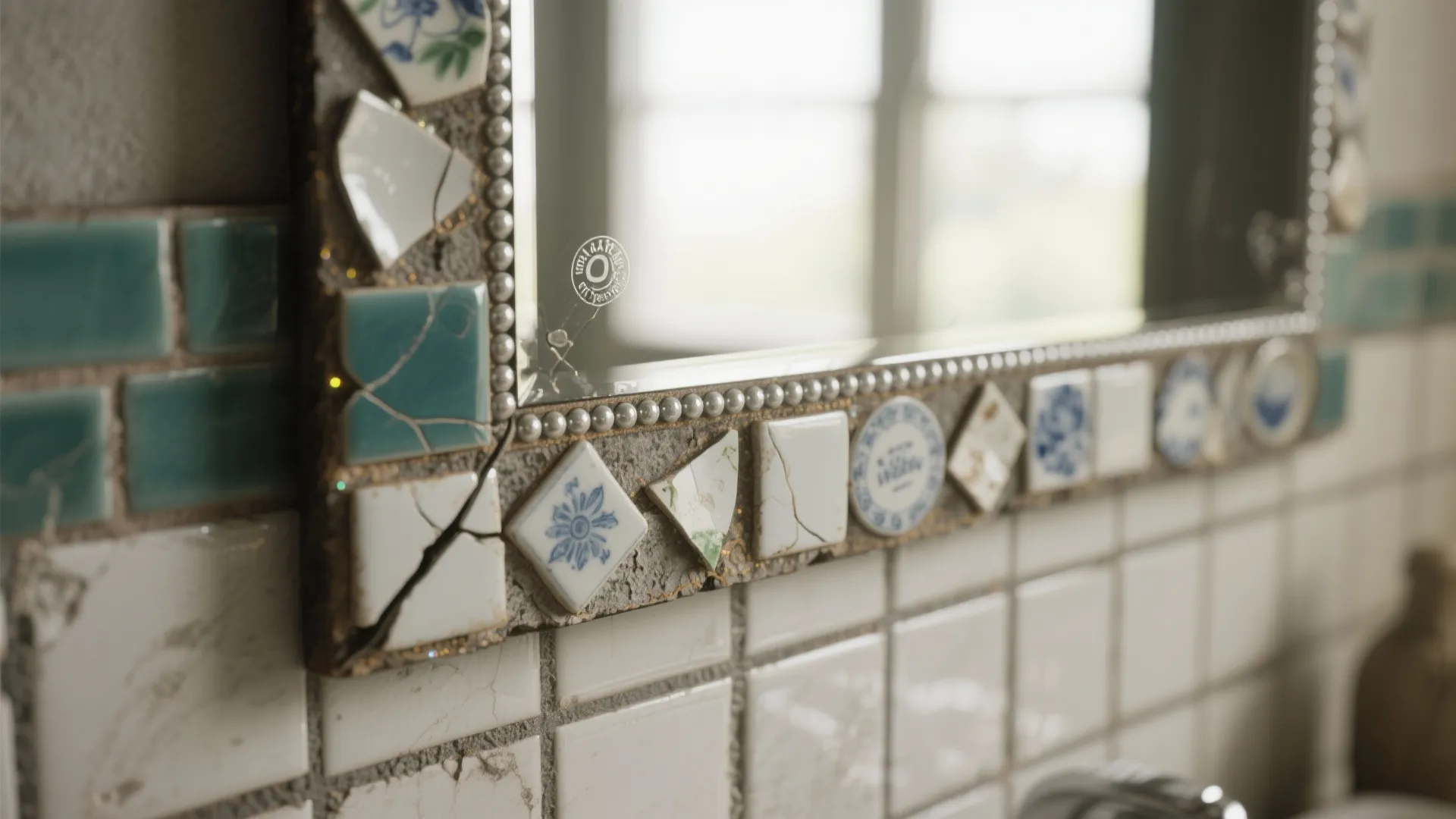 Bathroom wall mirror with a frame decorated with broken blue and white ceramic tile pieces