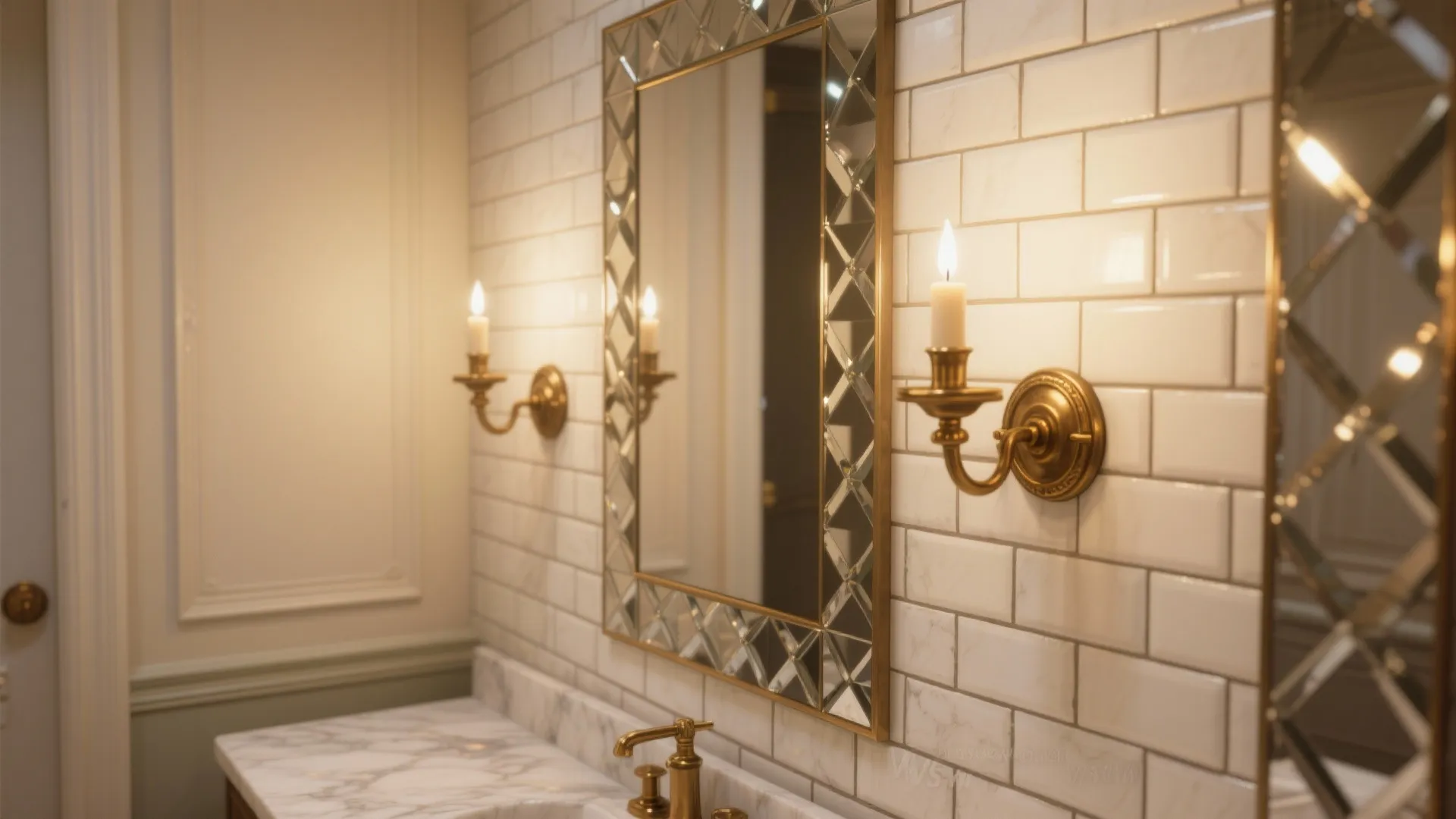 Beveled mirror tiles with warm metals and sconces