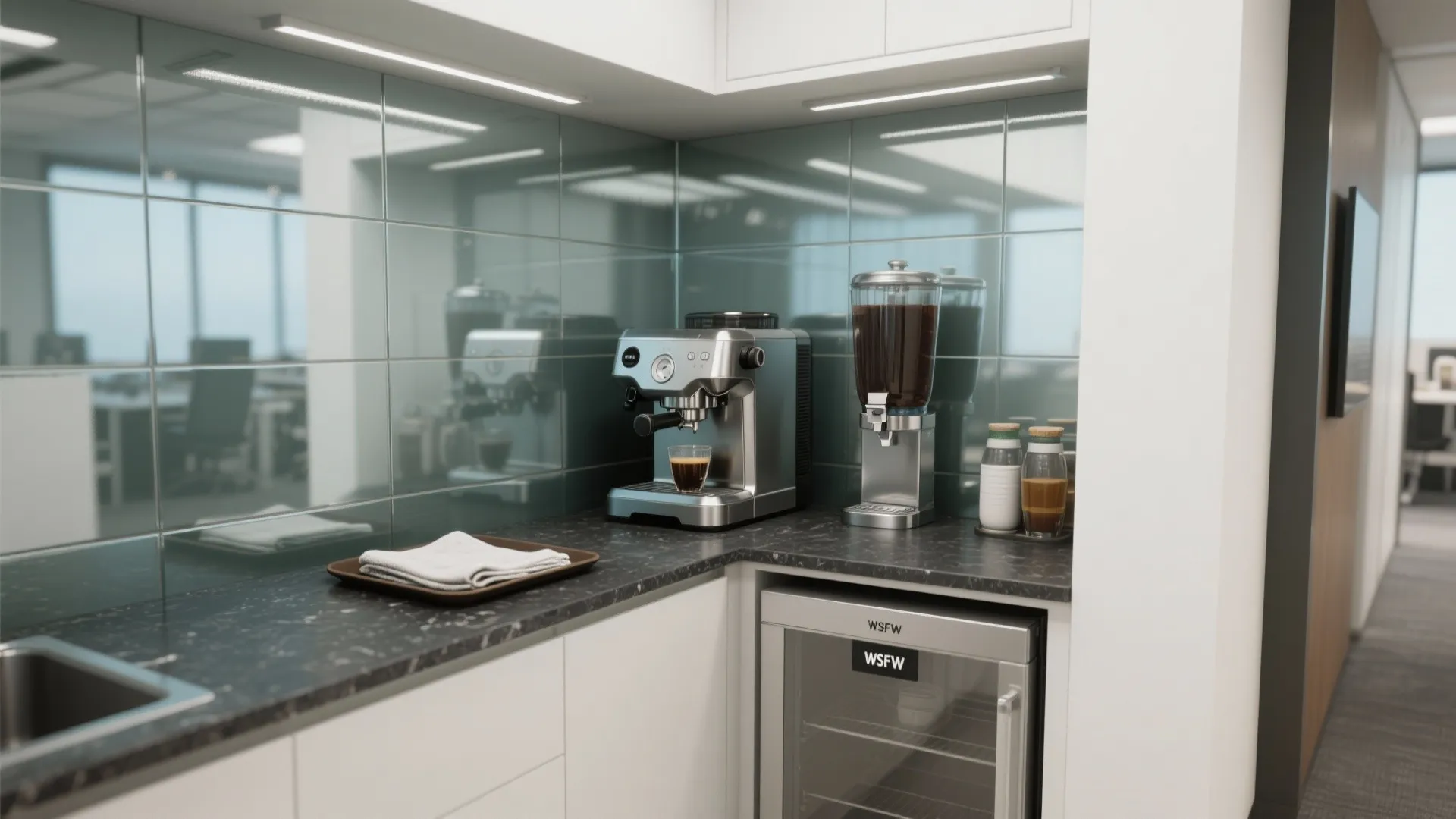 Compact beverage station with espresso machine, under-counter fridge and reflective glass backsplash in a small office.