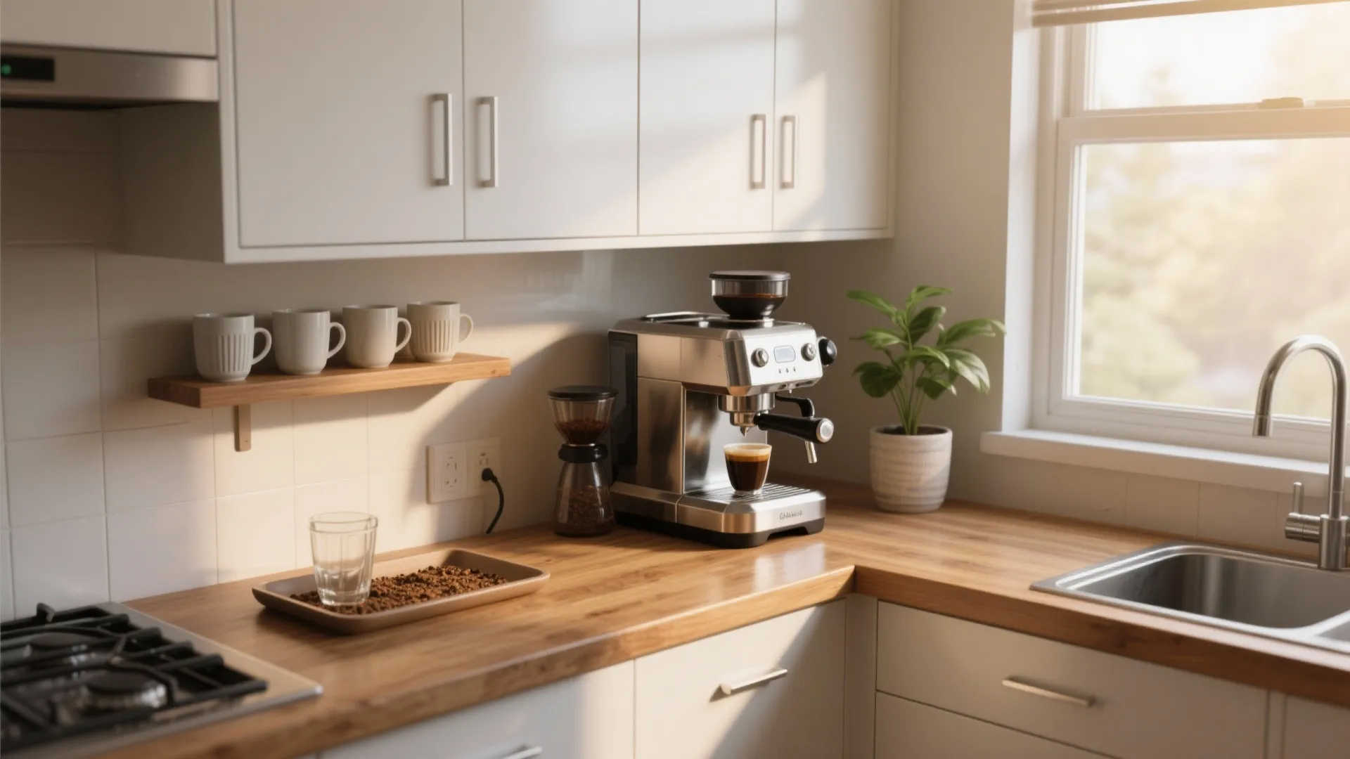 Kitchen counter with coffee machine, wooden countertop, white cabinets, small plant, and natural window light