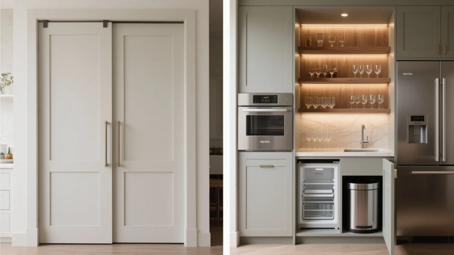 Comparison showing closed sliding doors and open home bar with wine fridge shelves and small sink