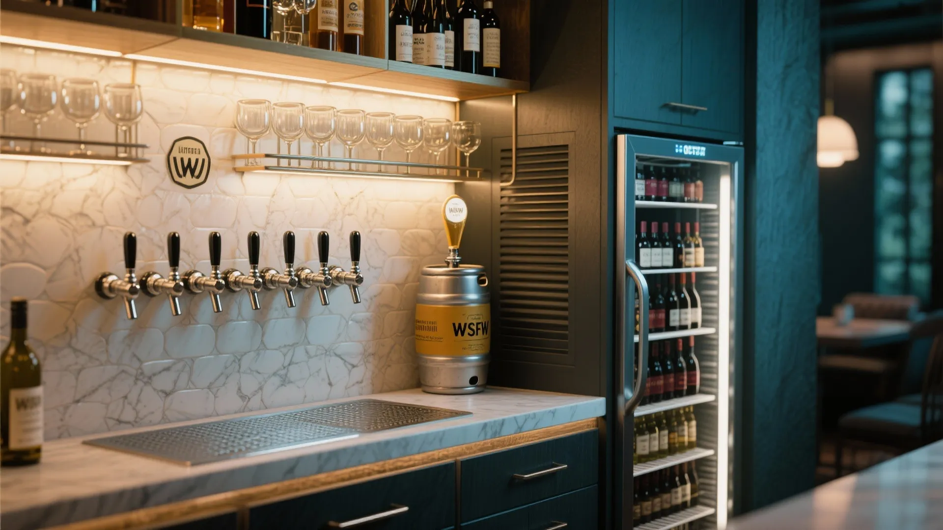 Beverage nook with wine fridge, tap wall and glass racks with warm accent lighting.