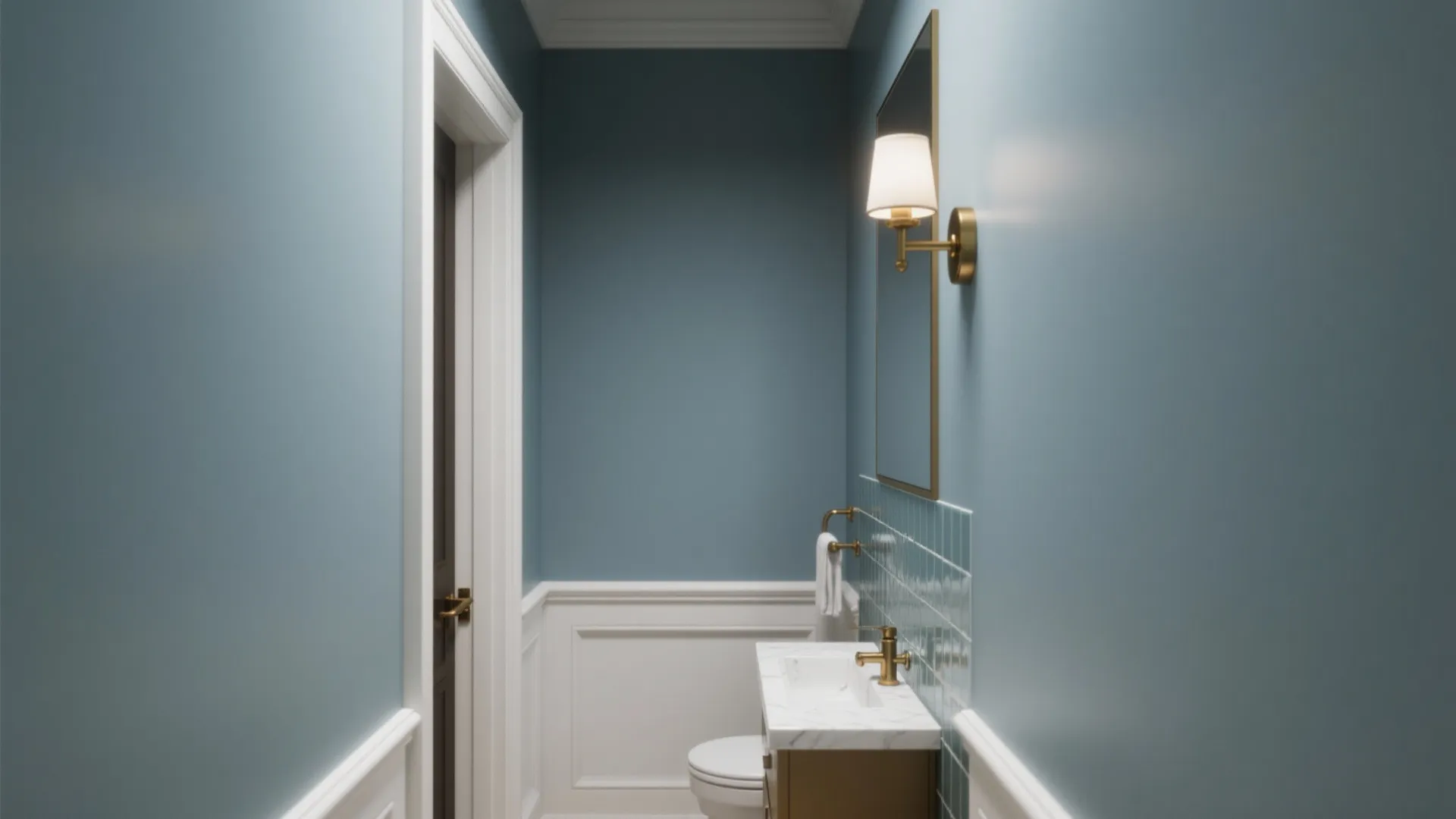 3) Blue-Gray + Clean White + Brushed Brass