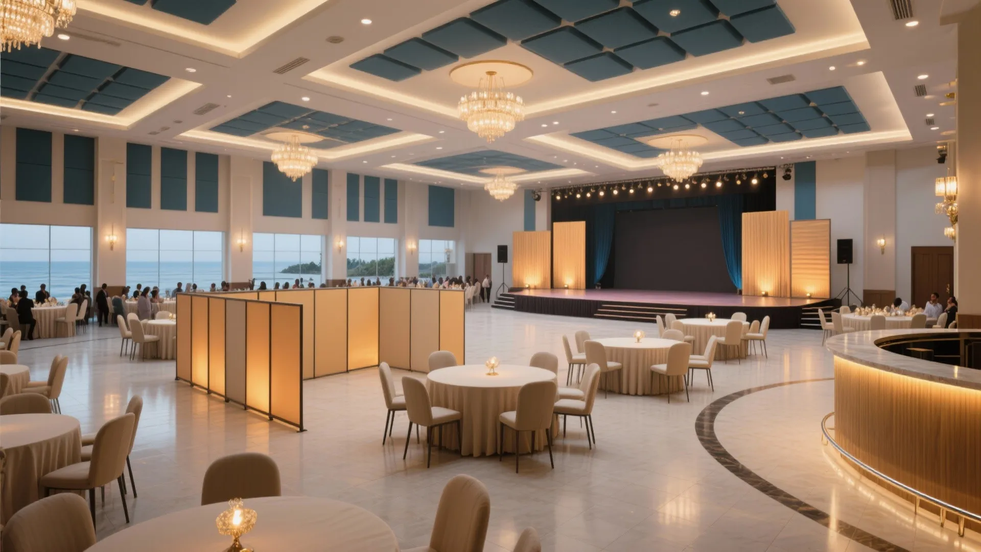Large banquet hall interior with round tables chairs stage ceiling lights and blue wall panels