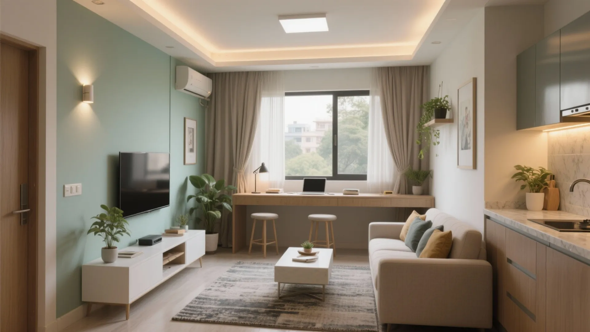 Modern apartment interior design drawing with green wall sofa desk area and open kitchen layout