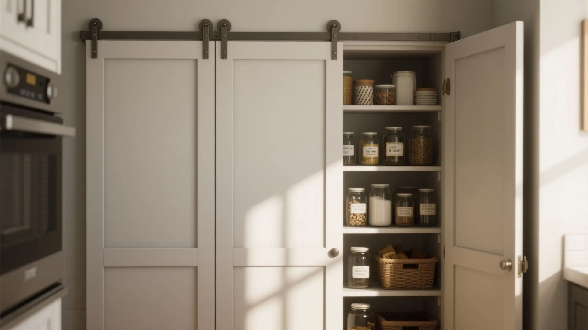 White folding doors opening to reveal organized kitchen pantry shelves with many glass storage jars