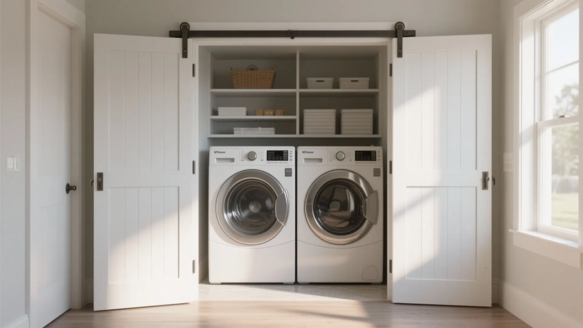 Modern laundry room featuring two white washing machines inside a closet with white sliding doors