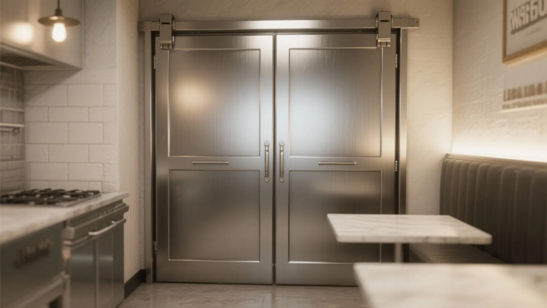 Stainless-steel bi-fold door folded in a narrow alcove, showing mechanism and seals.