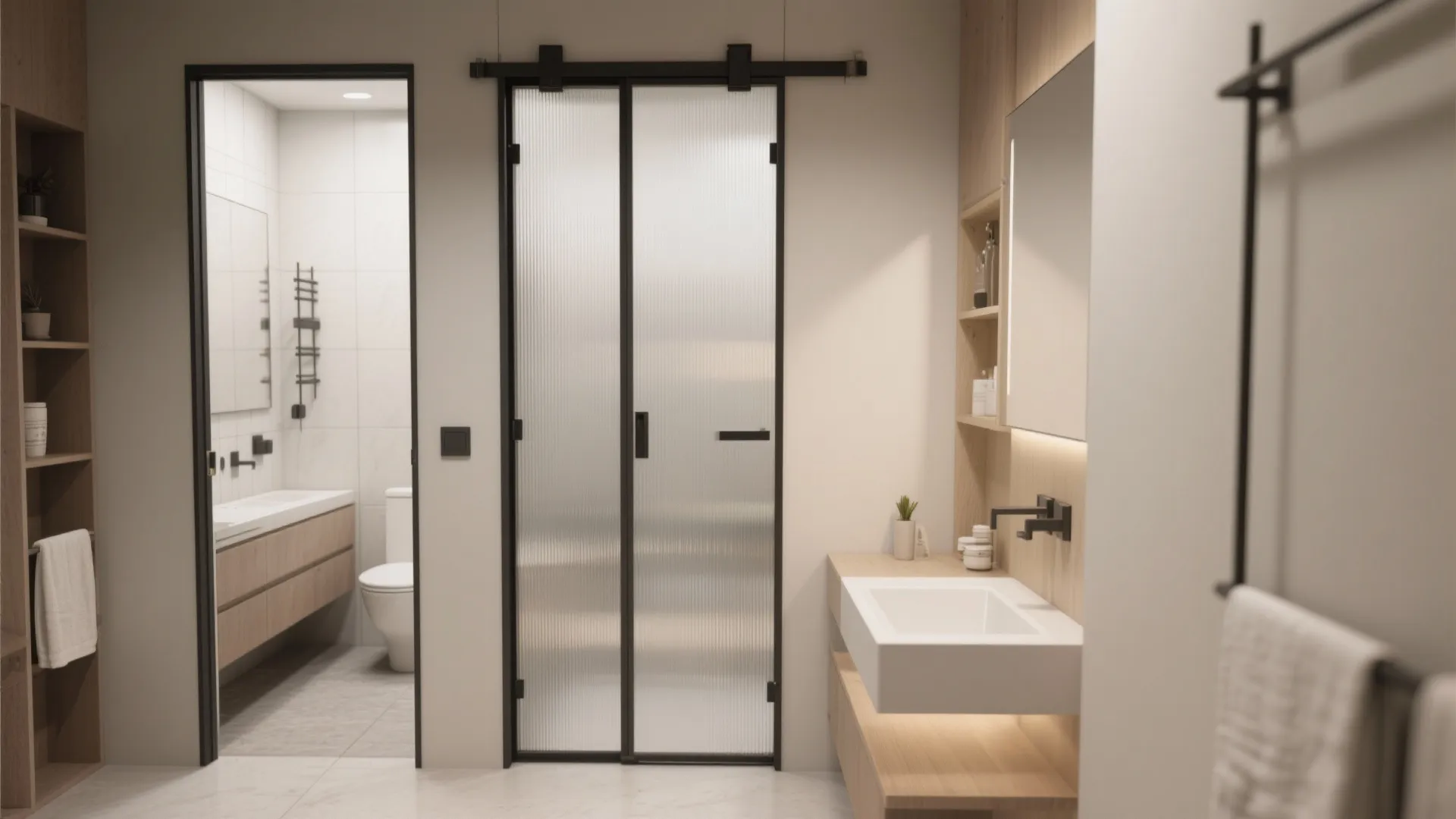 Interior design drawing showing two bathroom doors with black frames and wooden sink cabinet furniture