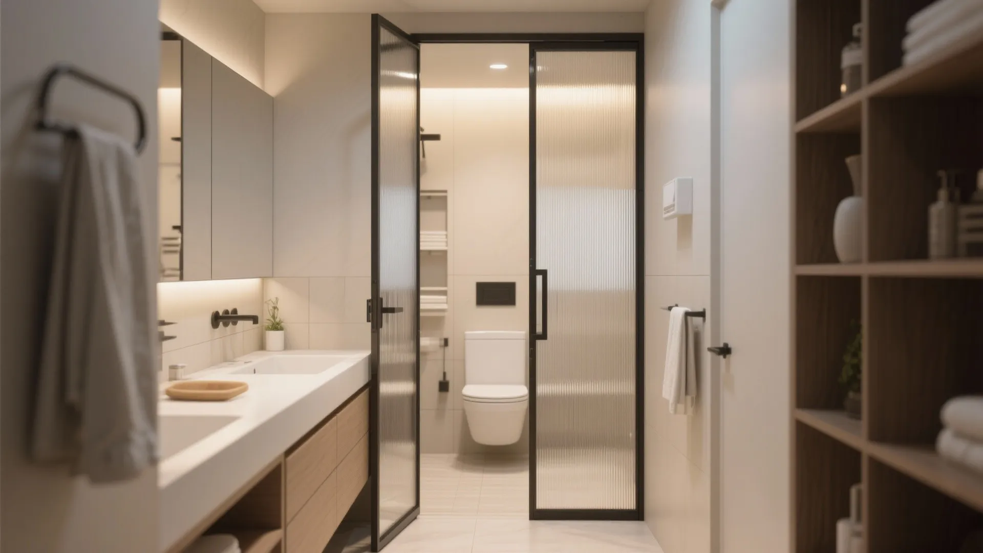 Modern bathroom with glass door black frame white sink wood cabinet toilet and wall light