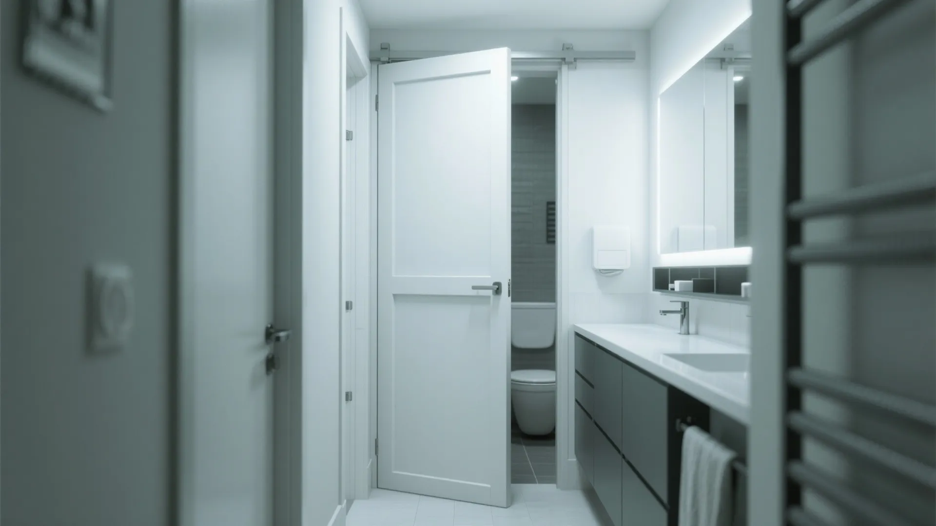 Modern white bathroom door opening to show a toilet and grey cabinet with white sink