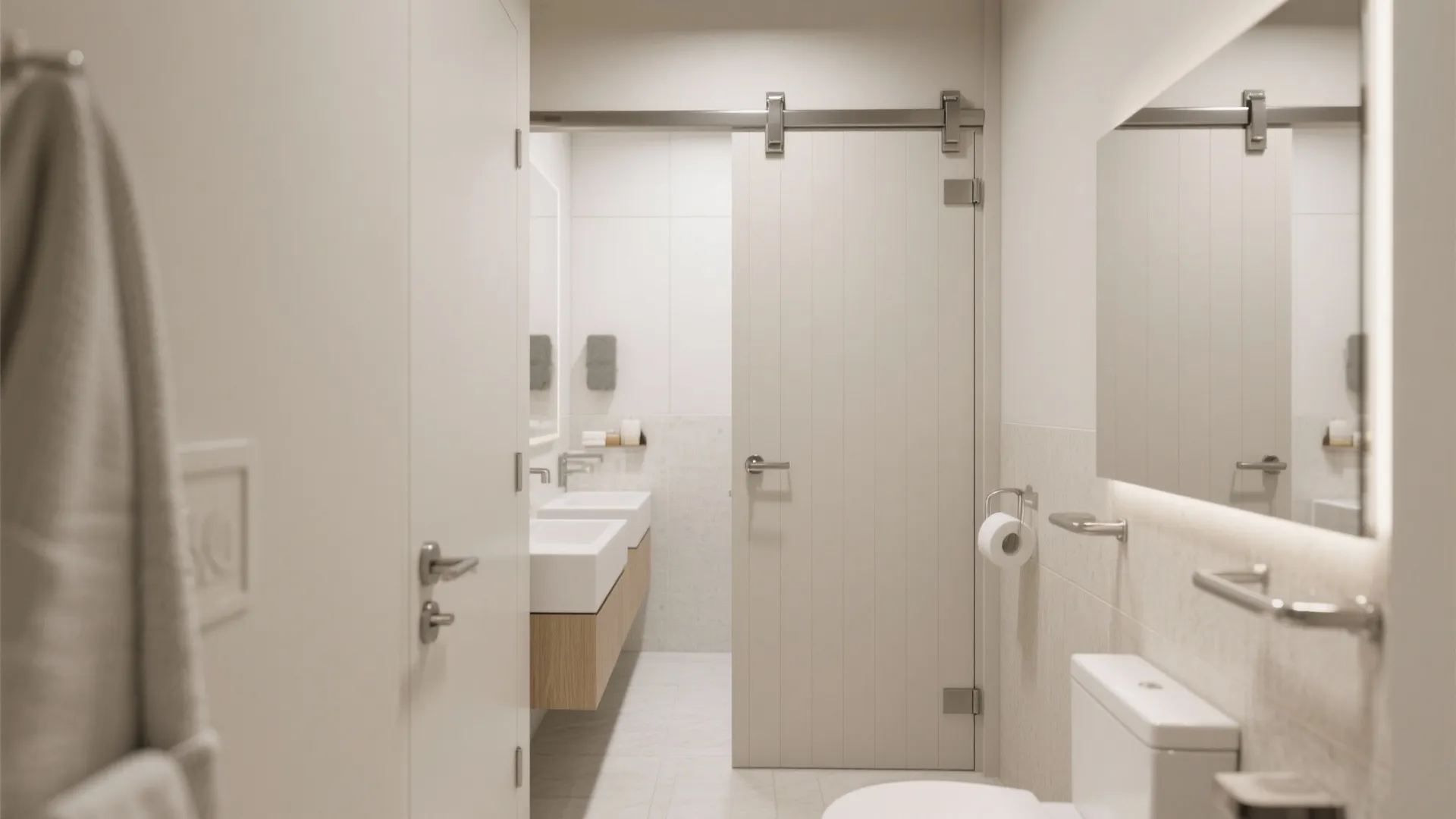 Modern cream bathroom with white sliding door hanging on metal track beside double sinks vanity