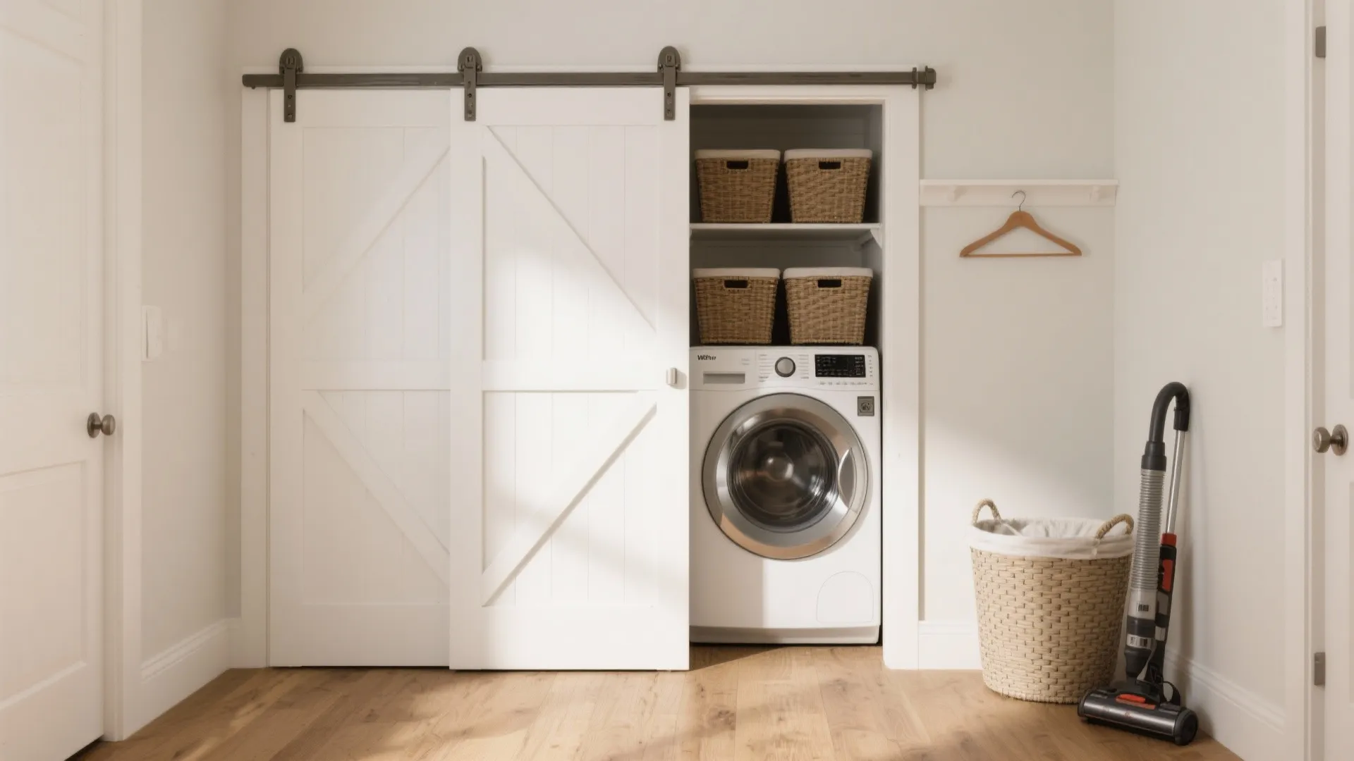 White sliding barn doors opening to reveal a laundry area with washing machine and baskets