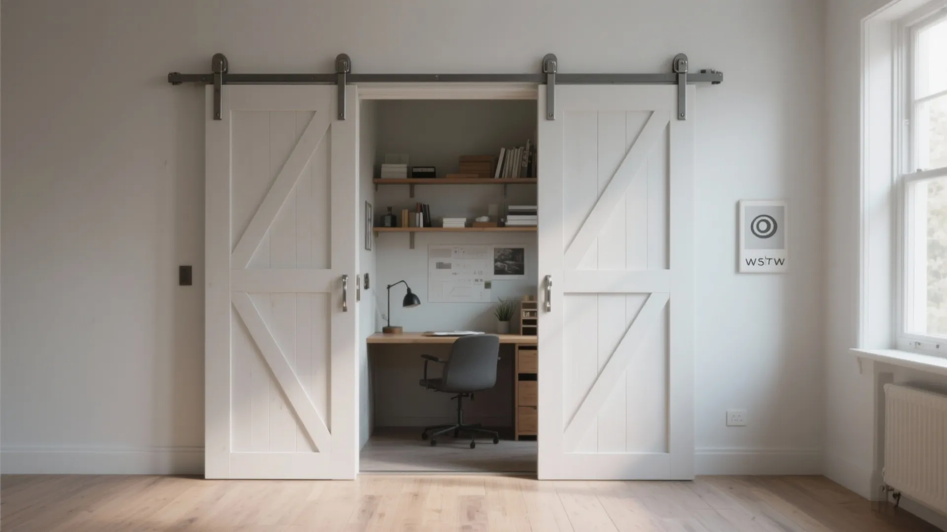 White sliding barn doors opening to reveal a small hidden home office with wooden desk