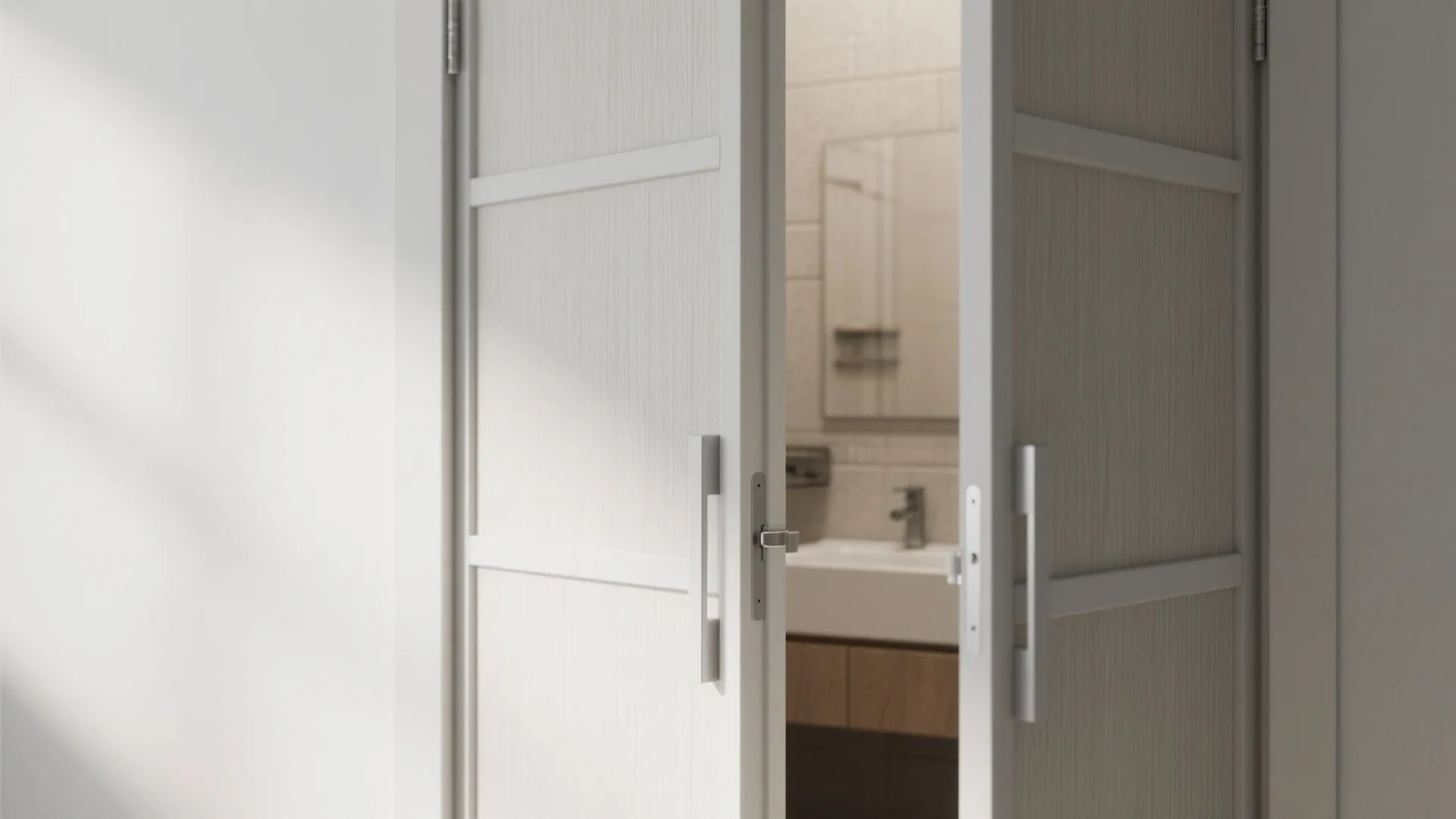 Bi-fold door partially folded next to a compact bathroom entrance, showing space-saving function